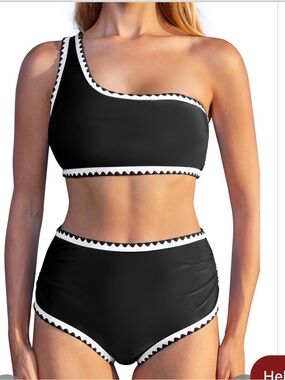 One-Shoulder Black High-Waist Bikini with Contrast Trim